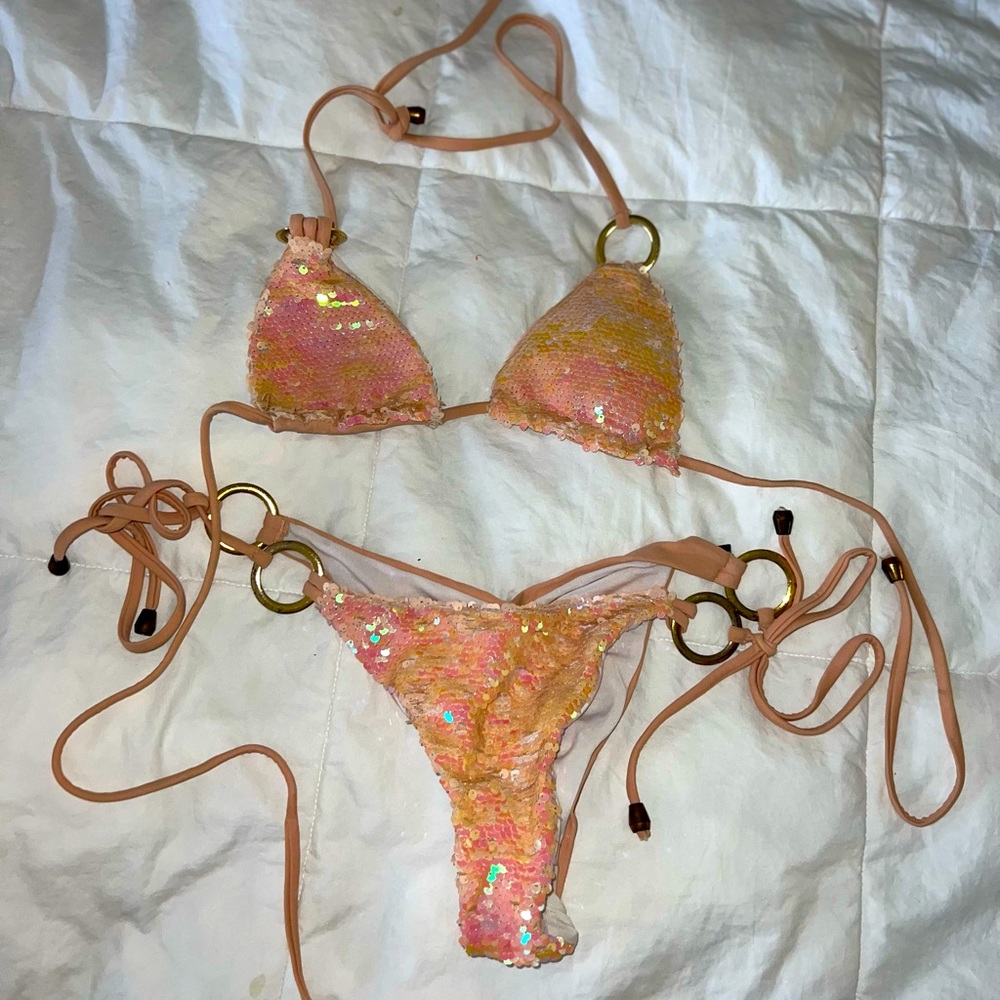 Peach Sequin String Bikini